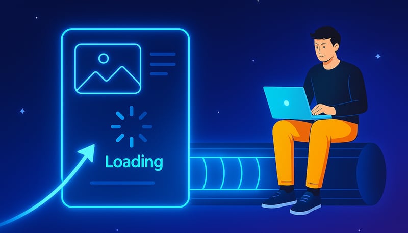 Mies kannettavan kanssa puhelinnäytön vieressä, jossa kuva latautuu: lazy loading