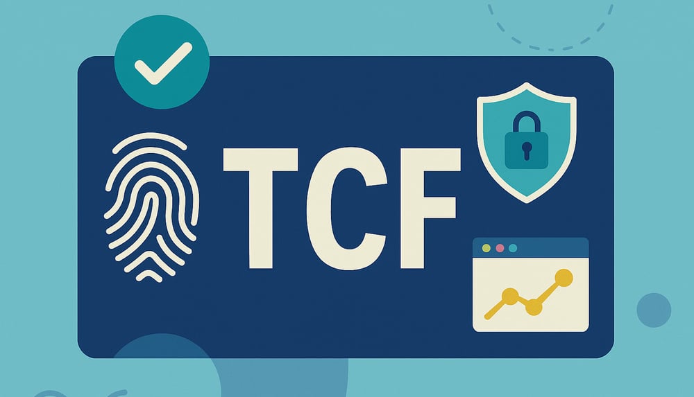 TCF text with a fingerprint, padlock shield and checkmark, symbolising consent and data protection