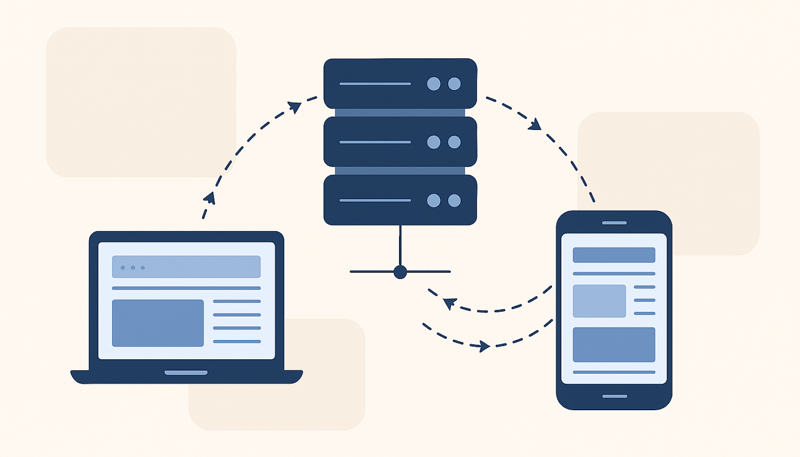 Laptop and mobile phone exchanging bid requests with a server, illustrating client-side and server-side Prebid