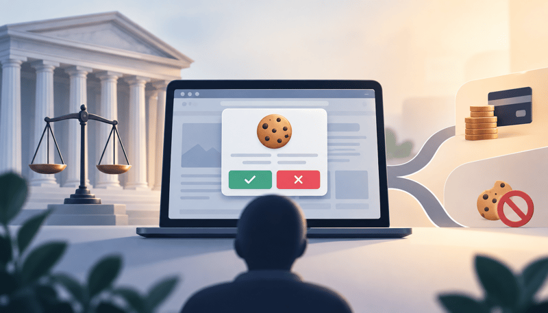Cookie banner on a laptop next to a courthouse and scales, with paths to paying or rejecting cookies