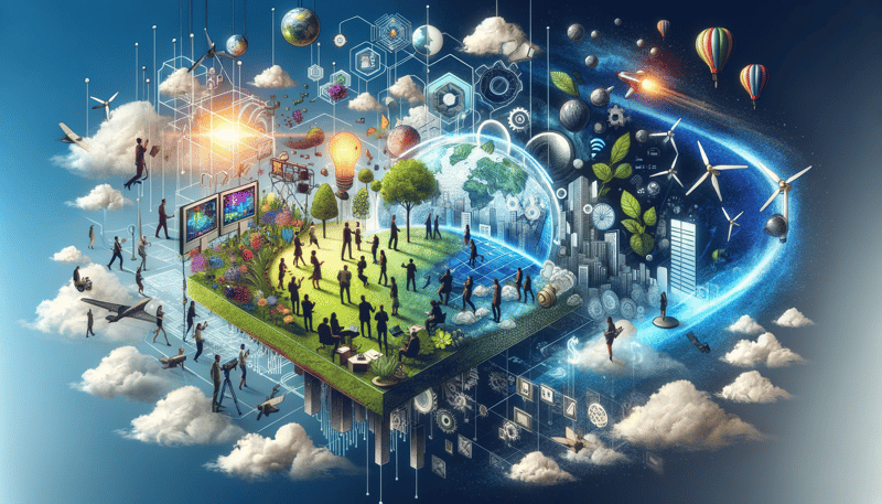 Floating island with people, trees, wind turbines and tech icons, symbolising sustainable media sales