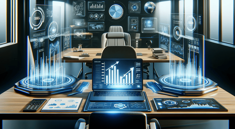 Futuristic office desk with holographic screens showing a rising revenue chart