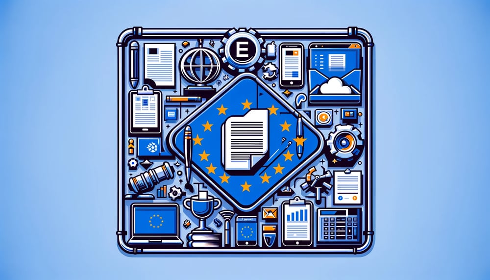 EU-lippu asiakirjojen ja laitteiden ympäröimänä symboloi digipalvelusäädöstä (DSA)