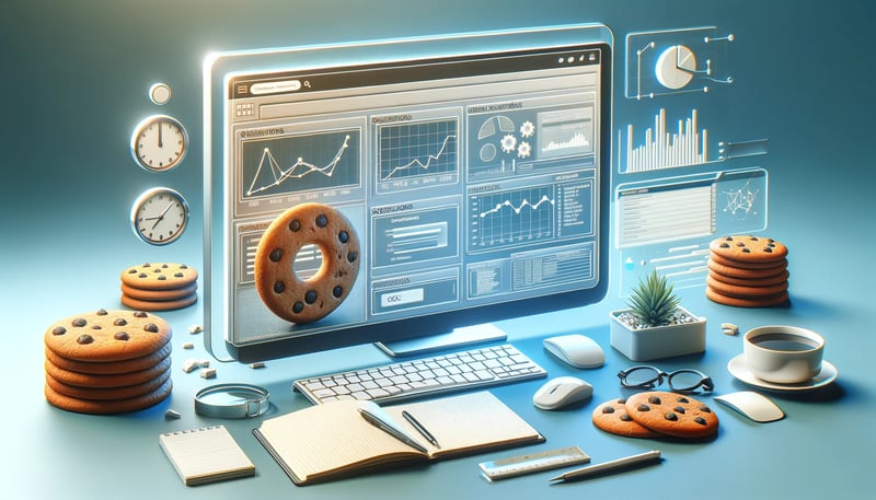 Desk with analytics dashboards and a bitten cookie on screen