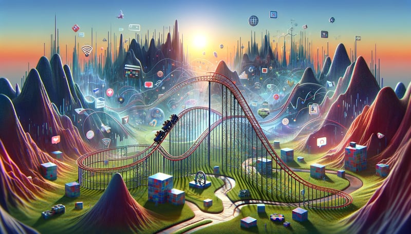 Rollercoaster winding through a colourful digital landscape