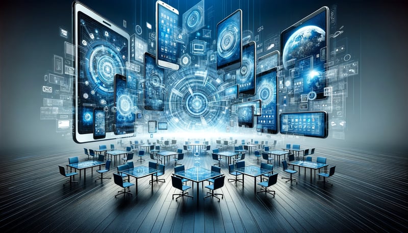 Floating tablets and phones above an office, symbolising mobile app advertising