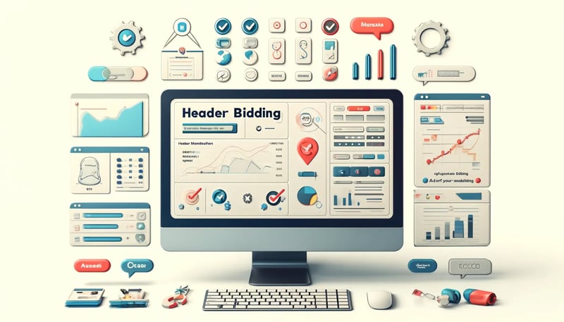 Computer screen showing a header bidding management dashboard surrounded by settings and chart icons