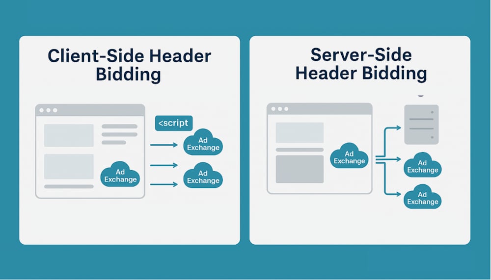 Kaavio vertaa client-side- ja server-side-header biddingiä